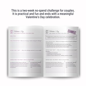 May include: A two-week no-spend challenge for couples, designed to help couples save money and strengthen their bond. The challenge includes a goal title, description, and a section to define the "why" behind the challenge. It also includes a section to define "no-spend" areas and exceptions.