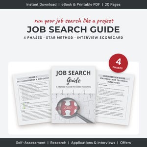 May include: A 20-page job search guide eBook and printable PDF featuring a cover with a magnifying glass over a puzzle piece labeled JOB?. The guide includes sections on self-assessment, the STAR method, and interview strategies for career transition.