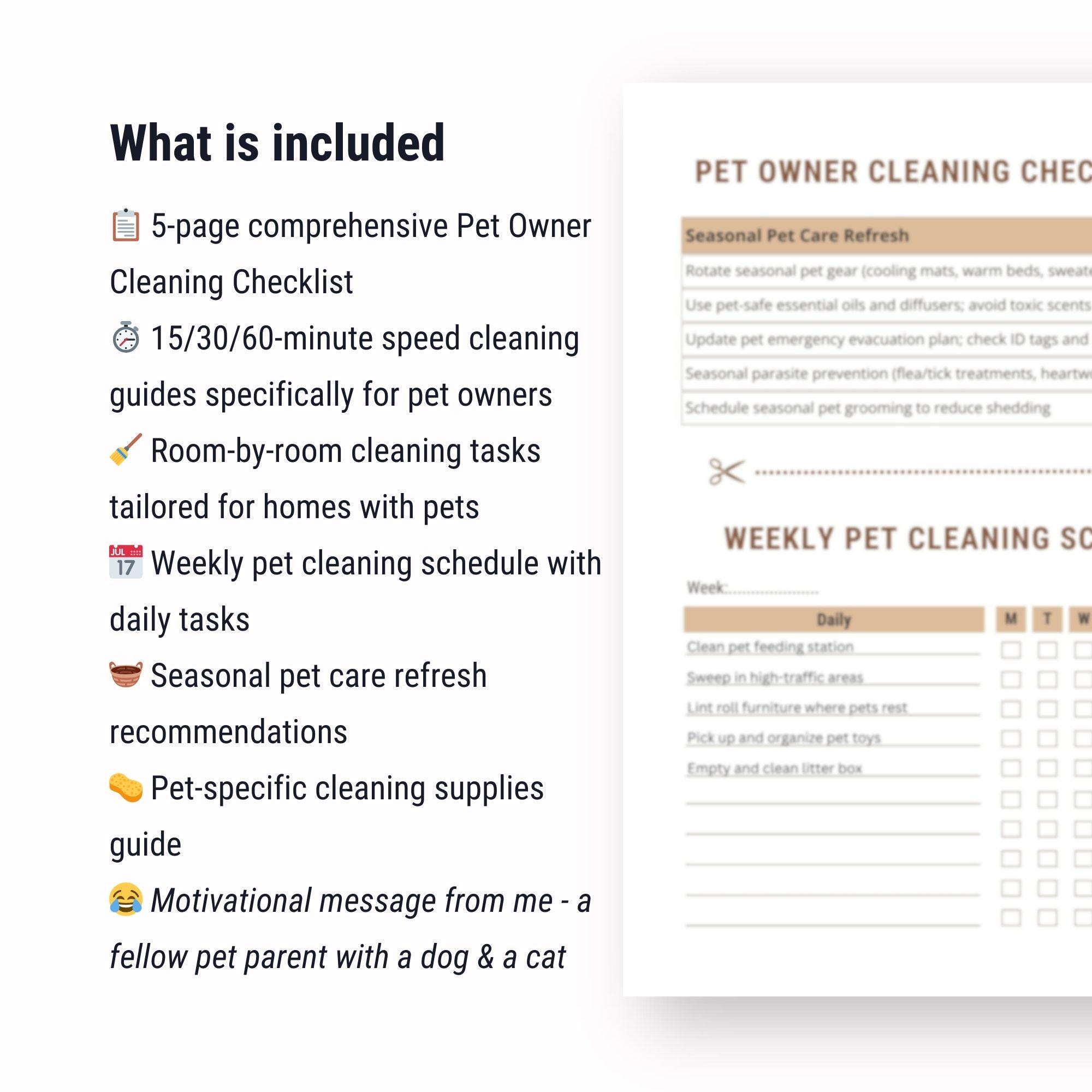 Pet Owner Cleaning Checklist Printable Pages PDF, 15-30-60 Minutes ...