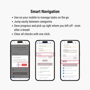 May include: Image showcasing a mobile app interface with event planning features. The app displays checklists, progress bars, and options to clear all entries. The text "Smart Navigation" and bullet points highlight key features like mobile task management and progress saving.