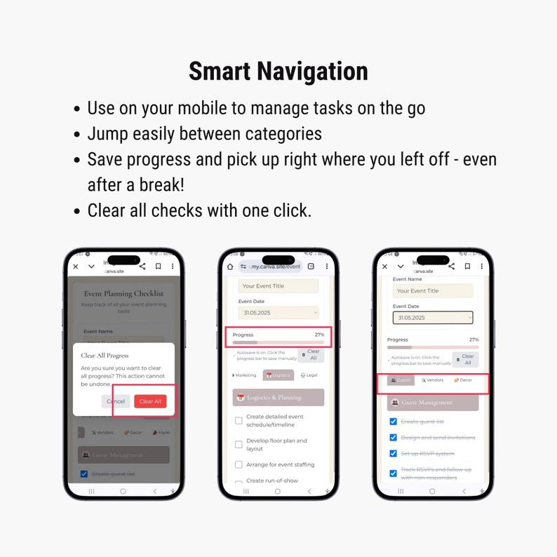 May include: Image showcasing a mobile app interface with event planning features. The app displays checklists, progress bars, and options to clear all entries. The text "Smart Navigation" and bullet points highlight key features like mobile task management and progress saving.