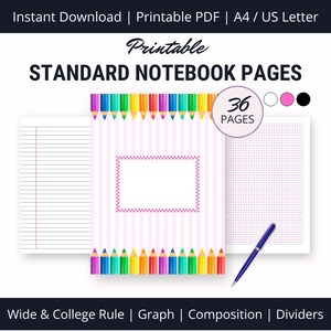 Cuaderno escolar estándar imprimible en PDF, con hojas anchas y rayas universitarias, papel cuadriculado y de composición, cubierta personalizable, juego de divisores para asignaturas principales.
