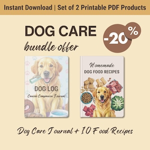 Bundle: Hundepflege, Training und Gesundheit Journal + 10 Hausgemachte Hundefutter Rezepte, anpassbares Geschenk für Tierliebhaber, 2 in 1 PDF Planer Einlagen