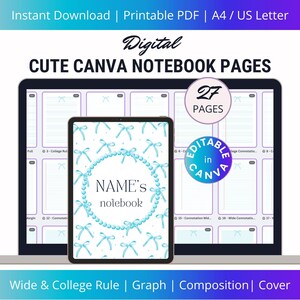 Cute Blue Notebook Inserts, Fully Editable Canva Templates, Wide & College Ruled, Graph Paper, School Composition Pages + Customizable Cover