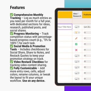 May include: A tablet screen shows a digital planner interface with features including monthly tracking and social media tools. The interface displays a table with customisable rows and columns, and the text "Your Title Here".