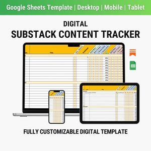 Puede incluir: Una plantilla digital de seguimiento de contenido de Substack que se muestra en una computadora portátil, una tableta y un teléfono inteligente. La plantilla es totalmente personalizable e incluye secciones para rastrear ideas de contenido, estado de publicación y acciones en redes sociales. El fondo es blanco con acentos verdes y amarillos.