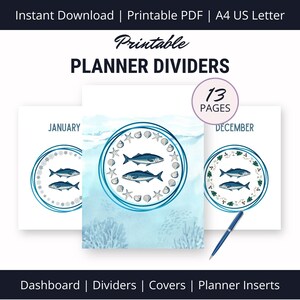 May include: Printable planner dividers with 13 pages featuring a watercolor design of fish and seashells. The dividers are labeled with the months of January and December.