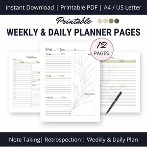 Peut inclure: Pages de planificateur hebdomadaire et quotidien imprimables avec un motif de feuille verte et blanche. Le planificateur comprend 12 pages pour la prise de notes, la planification hebdomadaire et la planification quotidienne.