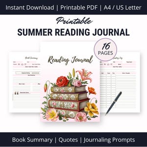 Op de afbeelding: Printbare zomerleestijd met 16 pagina's. De omslag toont een stapel vintage boeken met bloemmotieven op een roze achtergrond. Het dagboek bevat secties voor boekoverzichten, citaten en dagboekprompts.