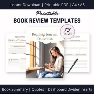Op de afbeelding: Printbare boekrecensie sjablonen met 13 pagina's. De sjablonen bevatten secties voor boekdetails, genotbeoordeling, korte reflectie, wat je leuk vond, wat je niet leuk vond, memorabele citaten en een braindump voor gedachten over auteurs of trends.