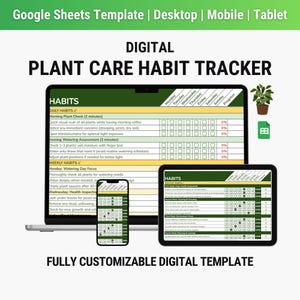 Può includere: Modello digitale di monitoraggio delle abitudini di cura delle piante visualizzato su laptop, tablet e smartphone. Il modello include sezioni per le abitudini quotidiane e settimanali, con caselle di controllo per il monitoraggio dei progressi.
