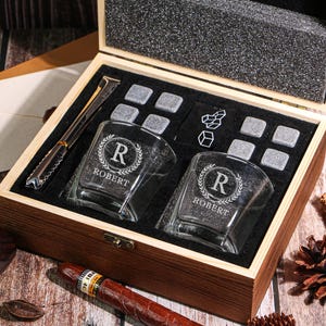 Whiskey Stone Set,Personalized Whiskey Glass Set with Wooden Box,Whiskey Gifts for Him Dad Husband,Best Man Gift Set,Wedding Party Gifts