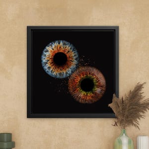 May include: A framed print featuring two detailed eye iris close-ups. One iris is blue and orange, the other is brown and green, set against a black background. The artwork is displayed above a wooden console with decorative items.