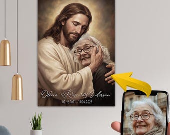 Custom Photo Jesus Memorial Canvas, Personalized In Loving Memory Wall Art, Safe In The Arms Of Jesus Canvas, Christian Sympathy Gift