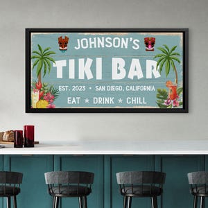 Custom Tiki Bar Canvas | Personalized Outdoor Bar Sign | Eat Drink Chill Patio Wall Art | Tropical New Home Gift