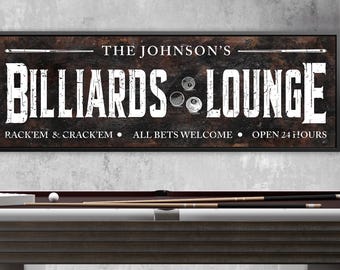 Billiards Lounge Wall Sign – Custom Family Name Canvas – Rustic Game Room Decor – Vintage Pool Hall Style Art – Man Cave Bar Print