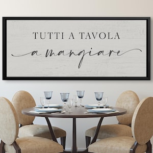 Puede incluir: Una escena de comedor con una mesa redonda de madera preparada para una comida, rodeada de seis sillas tapizadas de color beige. Encima de la mesa cuelga un letrero enmarcado con la frase italiana "TUTTI A TAVOLA a mangiare" en escritura negra.