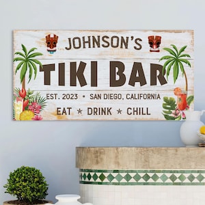 Personalized Tiki Bar Canvas Sign | Custom Outdoor Bar Decor | Eat Drink Chill Patio Sign | Tropical Backyard or New Home Gift