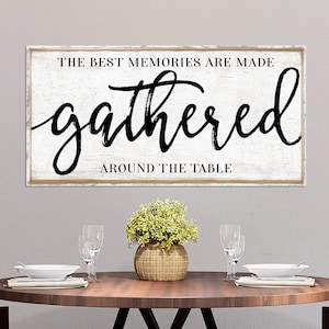 May include: A rectangular wooden sign with the text "THE BEST MEMORIES ARE MADE gathered AROUND THE TABLE" in black script. The sign is mounted above a round wooden table set for a meal, with a woven basket centerpiece.