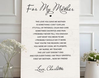 Letrero de lienzo "Para mi madre", regalo para la madre de su hija, regalo de cumpleaños para mamá, regalo para la madre de la novia, arte mural para el Día de la Madre
