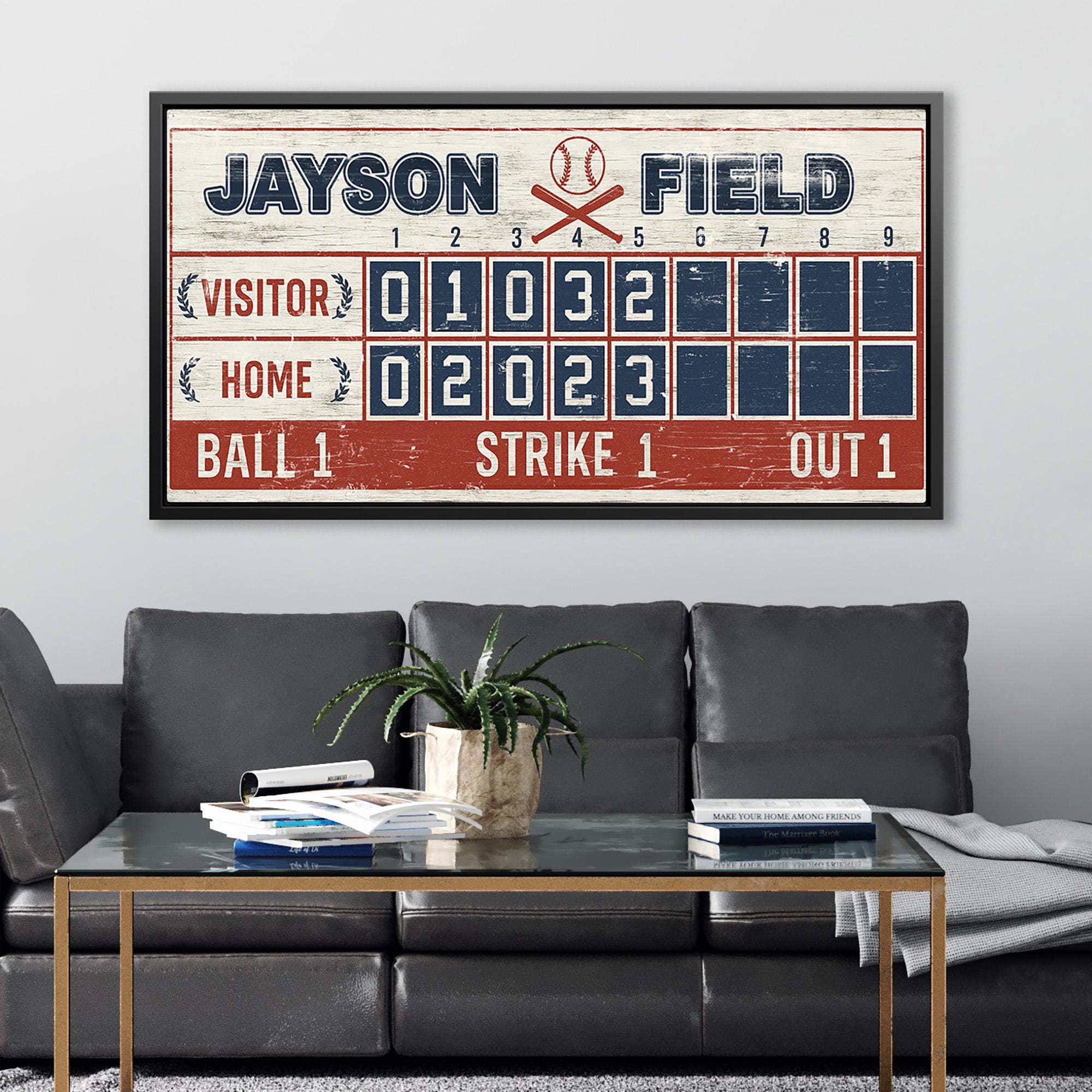 Personalized Baseball Scoreboard Canvas – Custom Name Field Sign, Rustic Sports Wall Art for Game Room or Man Cave
