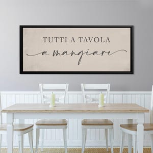 Puede incluir: Una pieza de arte mural enmarcada con la frase italiana "TUTTI A TAVOLA a mangiare" en escritura negra sobre un fondo beige. La obra de arte se exhibe sobre una mesa de comedor de madera con sillas blancas y velas.