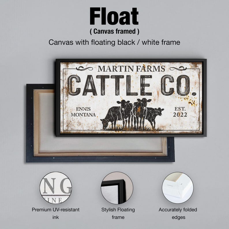 Może przedstawiać: Oprawiony wydruk na pł&oacute;tnie z napisem "MARTIN FARMS CATTLE CO." i ilustracjami kr&oacute;w. Pł&oacute;tno ma rustykalny design i jest w czarnej ramie. Widoczne są r&oacute;wnież napisy "ENNIS MONTANA" i "EST. 2022".
