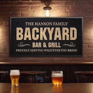 Backyard Bar & Grill Sign – Custom Family Name Canvas Wall Art, Outdoor Patio Decor, Personalized Backyard Bar Gift