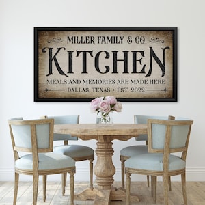 May include: A framed kitchen sign with the text "MILLER FAMILY & CO KITCHEN" in black lettering. Below, it reads "MEALS AND MEMORIES ARE MADE HERE DALLAS, TEXAS EST. 2022". The sign hangs above a wooden table and chairs.