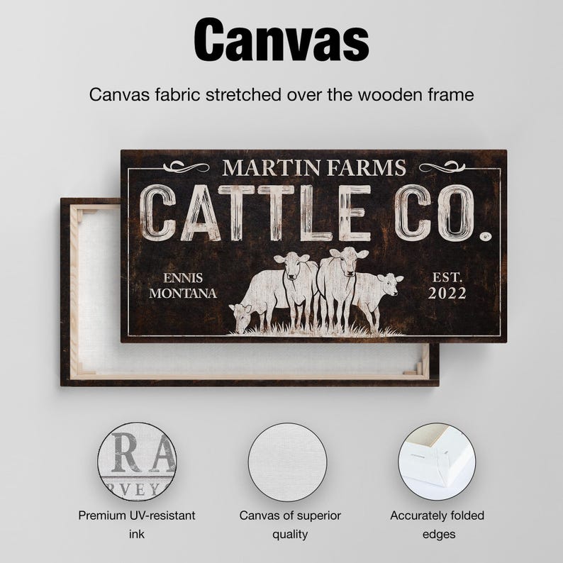 Może przedstawiać: Wydruk na pł&oacute;tnie z napisem "MARTIN FARMS CATTLE CO." i ilustracją kr&oacute;w. Pł&oacute;tno jest rozciągnięte na drewnianej ramie. Dodatkowy tekst zawiera "ENNIS MONTANA" i "EST. 2022".