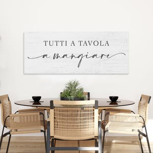 Puede incluir: Un comedor con una mesa redonda y sillas de mimbre. Encima de la mesa, un letrero de madera blanca con la frase italiana "TUTTI A TAVOLA a mangiare" en escritura negra. La escena incluye un centro de mesa de vegetaci&oacute;n, lo que sugiere un tema de comida.