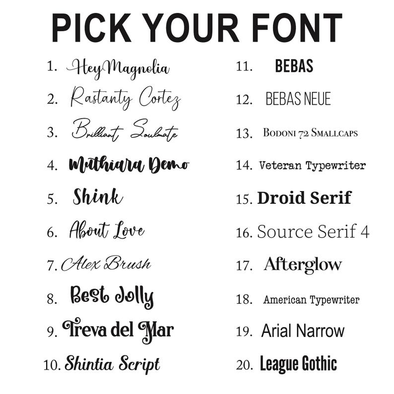 Puede incluir: Una imagen en blanco y negro con el texto "PICK YOUR FONT". Debajo, se enumeran veinte opciones de fuente, cada una con una muestra del estilo de fuente. Los estilos de fuente incluyen script, serif y sans-serif.