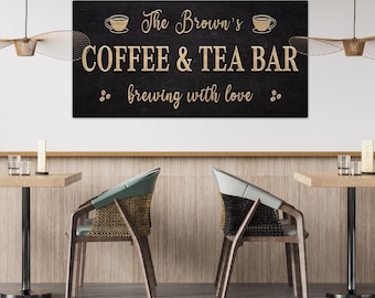 Coffee & Tea Bar Sign – Custom Family Name Kitchen Canvas, Personalized Home Café Wall Art, Brewing With Love Rustic Print
