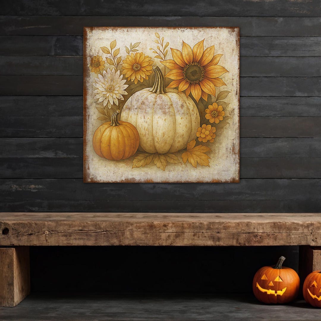 Rustic Fall Pumpkin Wall Art – Autumn Floral Canvas, Farmhouse Harvest ...