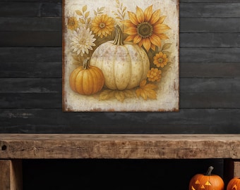 Rustic Fall Pumpkin Wall Art – Autumn Floral Canvas, Farmhouse Harvest Décor, Vintage Pumpkin Painting