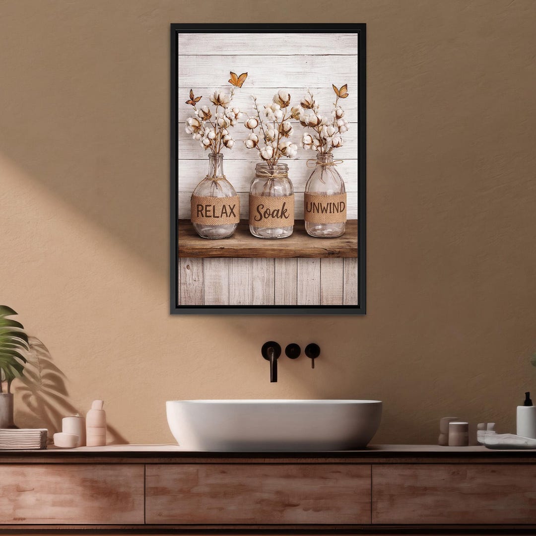 Relax Soak Unwind Bathroom Canvas Wall Art, Rustic Mason Jar Cotton ...