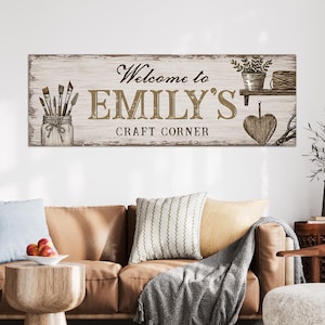 Personalized Craft Corner Sign Canvas Wall Art, Custom Name Welcome Craft Room Decor, Rustic Farmhouse Gift For Her Mom Gift