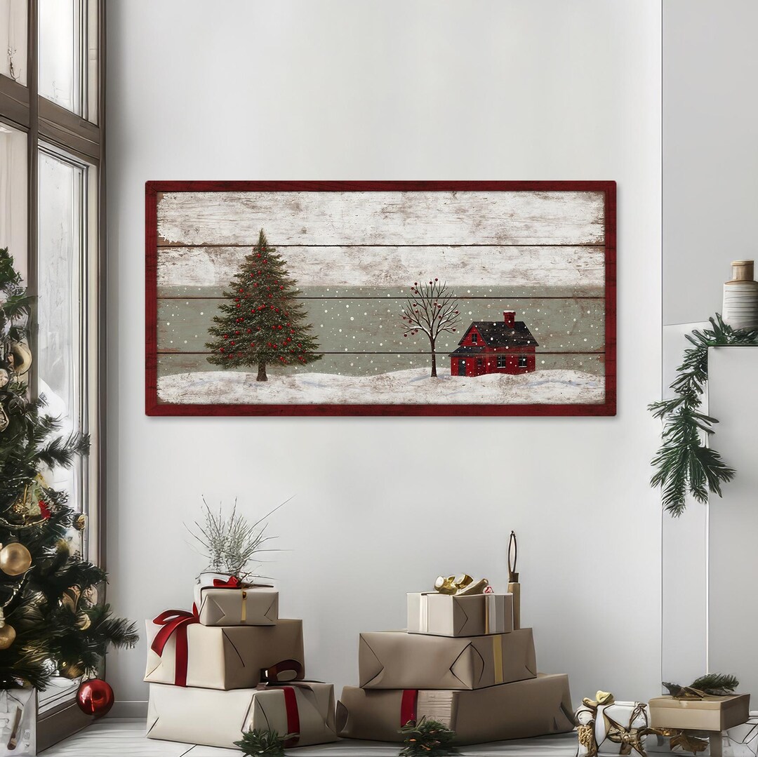 Vintage Christmas Farmhouse Canvas Wall Art, Rustic Red Barn Winter ...