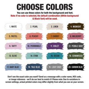 Puede incluir: Una carta de colores con 20 opciones de color para fondos y fuentes, incluyendo blanco, perla, lino, medianoche, pastel, melocot&oacute;n, zanahoria, mora, caramelo, b&iacute;garo, violeta, gris guijarro, oliva, cian, oc&eacute;ano, sewaweweed, azul beb&eacute;, azul Yale, gris claro y azul carbono.