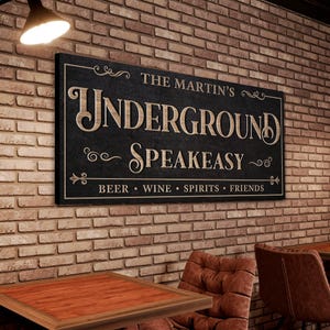 May include: A rectangular black sign with the words "THE MARTIN'S UNDERGROUND SPEAKEASY" in a vintage font. The sign also includes the words "BEER • WINE • SPIRITS • FRIENDS" and is mounted on a brick wall.
