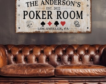 Personalized Poker Room Sign – Custom Name & Established Canvas Wall Art, Rustic Vintage Bar Decor, Man Cave Game Night Print