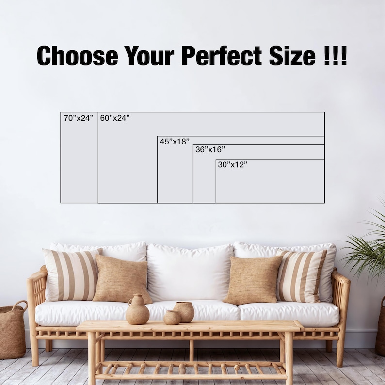 Puede incluir: Imagen de una pared blanca con un sof&aacute; y una mesa de centro. Encima del sof&aacute;, hay contornos rectangulares con opciones de tama&ntilde;o: 177.8cm x 61cm, 152.4cm x 61cm, 114.3cm x 45.7cm, 91.4cm x 40.6cm y 76.2cm x 30.5cm. El texto "Choose Your Perfect Size !!!" est&aacute; en la parte superior.
