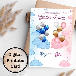 cartes de révélation de genre, cartes d’invitation, cartes de fête, invitation imprimable, thème ballons, carte bleue et rose, carte A4.