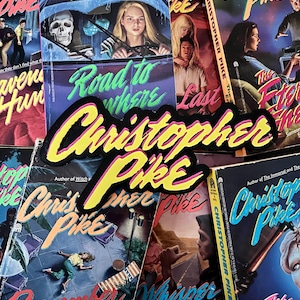 May include: A collection of vintage Christopher Pike paperback books, featuring covers with illustrations of suspenseful scenes. A black and yellow Christopher Pike logo is centered on the books.