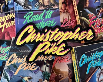 May include: A selection of vintage Christopher Pike paperback books, with covers depicting suspenseful scenes. A black and yellow Christopher Pike logo is centered on the books.
