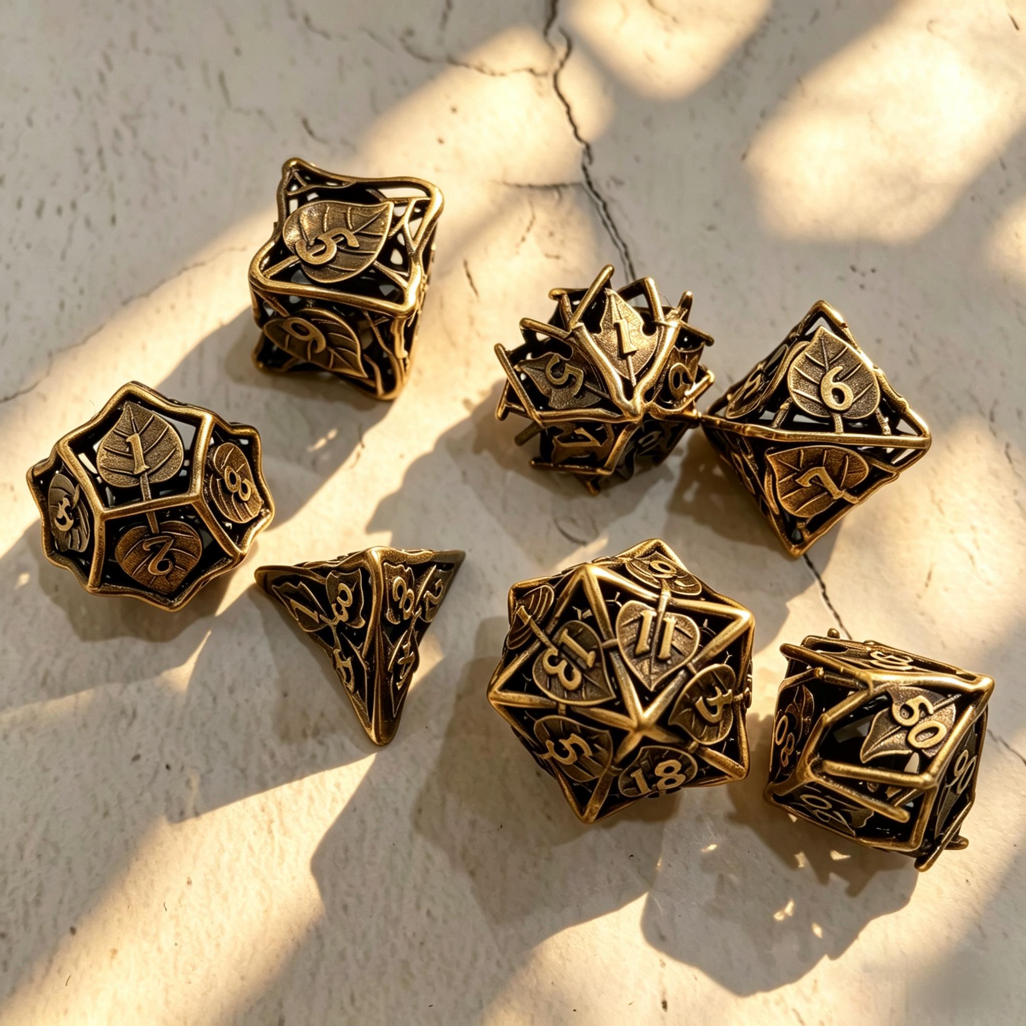 50% OFF!! Hollow Brass Leaf DND Dice Set – Fantasy Metal Polyhedral Dice for Tabletop RPGs