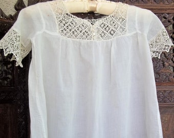 Antique early 1900's  Blouse White Cotton with Crochet Lace Trim hand sewn Extra Small 25-28" Bust XXS