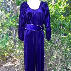May include: A purple velvet jumpsuit with a gold trim belt. The jumpsuit has a loose, flowing fit and a scoop neckline.