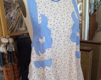 Antique Handmade Country Long Over Dress Apron Full Body Feedsack style early 1900's  Strap  back pre 1930 Beige  Cotton Calico Cobbler