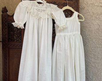 1900&#39;s Antique Baby Gown Extra Long Lawn White Victorian Baptism Christening Gown hand embroidery 2 piece set Tucks Lace inserts buttons
